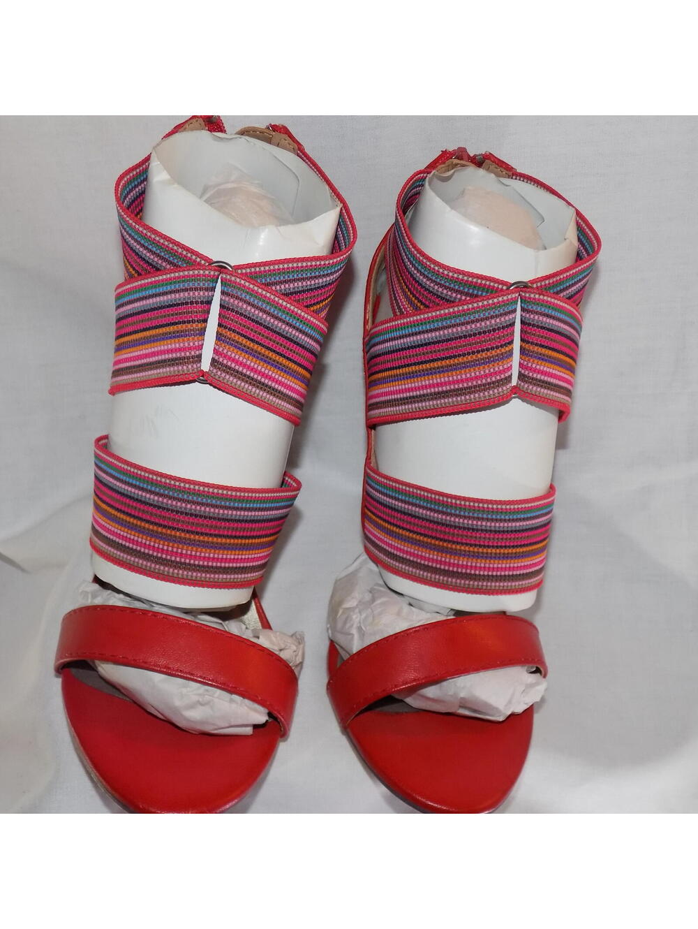 Women’s Red Strappy Stiletto Heels Rainbow Elastic Straps Open Toe Size 7.5